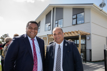 Ventura Mangere Minister visit Min Faafoi and Min Sio Minister Faafoi and Minister Sio in front of a newly built house in Mangere Auckland